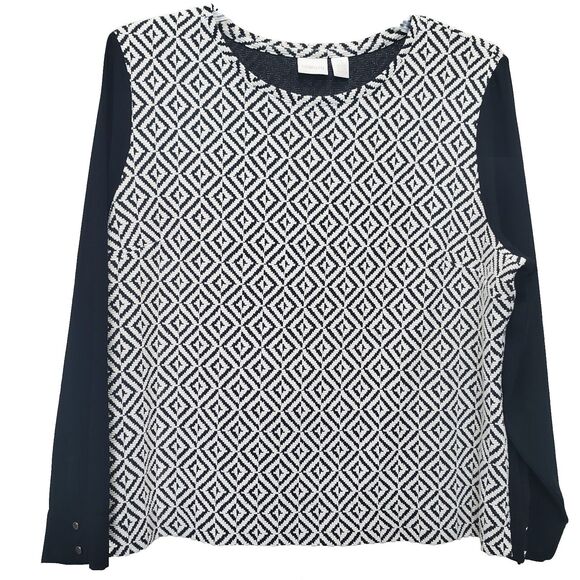 Chico’s Geometric Jacquard Amya Knit Top Chiffon Sleeves Size 3 (XL) - Picture 1 of 8